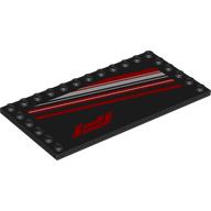 Деталь LEGO Plate Special 6 x 12 with Studs on 3 Edges with Diagonal Red/White Stripes, Red F1 Logo print, Черный