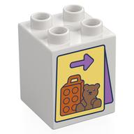 Деталь LEGO Duplo Brick 2 x 2 x 2 with Sign, Arrow, Bear, Suitcase print, Белый
