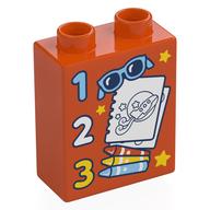 Деталь LEGO Duplo Brick 1 x 2 x 2 with '1, 2, 3', Sunglasses, Note, Pencils print, Красно-оранжевый