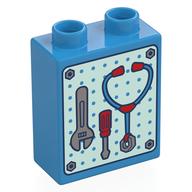Деталь LEGO Duplo Brick 1 x 2 x 2 with Tool Rack, Wrench, Screwdriver, Stethoscope print, Темно-лазурный