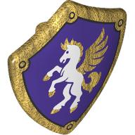 Деталь LEGO Shield Triangular with Spiked Top with White Horse, Gold Mane, Tail, Hooves on Dark Purple Background print, Жемчужно-золотой