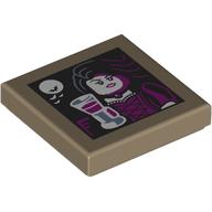 Деталь LEGO Tile 2 x 2 with Vampire, Long Black Hair, Dark Purple Dress, Goblet, Moon print, Темно-песочный