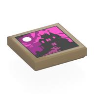 Деталь LEGO Tile 2 x 2 with Black House Silhouette, Dark Purple/Dark Pink Sky, Moon print, Темно-песочный