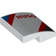 Деталь LEGO Slope Curved 2 x 2 x 2/3 with Red 'HUGO', Blue/Red/Black Stripes print, Белый