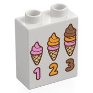 Деталь LEGO Duplo Brick 1 x 2 x 2 with Bottom Tube with '1 2 3', 3 Sizes Icecreams print, Белый