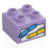 Деталь LEGO Duplo Brick 2 x 2 with Blue and Yellow Pens, Paper print, Лавандовый