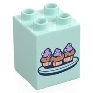 Деталь LEGO Duplo Brick 2 x 2 x 2 with Cupcakes on Plate print, Светлый морской волны