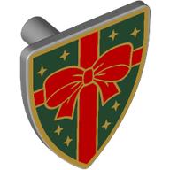 Деталь LEGO Shield Triangular with Red Bow Ribbon on Dark Green Field, Gold Stars print, print, Светлый сине-серый