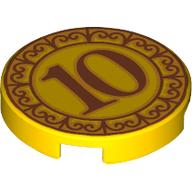 Деталь LEGO Tile Round 2 x 2 with Dime, Dark Red '10' print, Желтый
