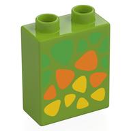 Деталь LEGO Duplo Brick 1 x 2 x 2 with Bottom Tube, Green, Orange, and Yellow Triangular Spots Print, Лайм
