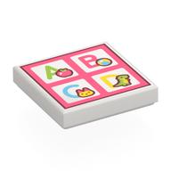 Деталь LEGO Tile 2 x 2 with Lime 'A', Apple, Coral 'B', Ball, Medium Azure 'C', Cat, Yellow 'D', Dino, on Coral Background print, Белый