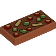 Деталь LEGO Tile 1 x 2 with Bright Light Yellow, Bright Green, Red Fruitcake print, Темно-оранжевый