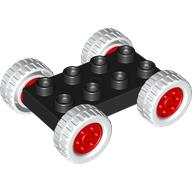 Деталь LEGO Duplo Car Base 2 x 4 with Fixed Axles - 27.5 White Tires & Red Wheels, Черный