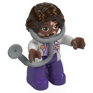 Деталь LEGO Duplo Figure with Hair Side Parted Dark Brown, Dark Purple Legs, White Top, White Arms, Attached Stethoscope (Medic), Белый