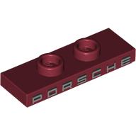 Деталь LEGO Plate Special 1 x 3 with 2 Studs with Groove and Inside Stud Holder (Jumper) with Silver 'PORSCHE' print, Темно-красный