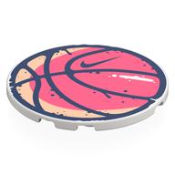 Деталь LEGO Tile Round 6 x 6 Coral/Bright Pink Basketball, Dark Blue Outline, Nike Logo print, Белый