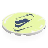 Деталь LEGO Tile Round 6 x 6 with Dark Blue LEGO Brick, Nike Logo on Yellowish Green Background print, Белый