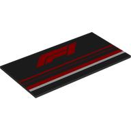 Деталь LEGO Tile 8 x 16 with Red F1 Logo, Red/White Lines print, Черный