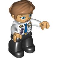 Деталь LEGO Duplo Figure with Thick Short Hair Combed over Forehead and Bun Nougat, Pilot Uniform, Black Legs, Белый