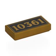 Деталь LEGO Tile 1 x 2 with Gold '10361' on Black Background print, Жемчужно-золотой