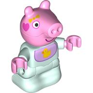 Duplo Figure Baby, Bright Pink Pig Head, Lavender Bib with Yellow Duck print