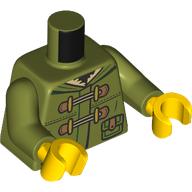 Деталь LEGO Torso, Winter Coat, Hood, Tan Fur, Pockets, Laces print, Olive Green Arms, Yellow Hands, Оливковый