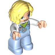Деталь LEGO Duplo Figure with Long Hair Parted on Left Bright Light Yellow, Bright Light Blue Legs, Lime Neckerchief Print, Белый