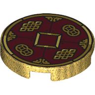 Деталь LEGO Tile Round 2 x 2 with Gold Coin, Dark Red Background, Gold Decorations print, Жемчужно-золотой