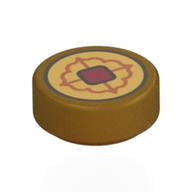 Деталь LEGO Tile Round 1 x 1 with Gold Coin, Tan/Dark Red Decoration print, Жемчужно-золотой