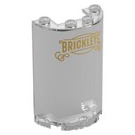 Деталь LEGO Cylinder Half 2 x 4 x 5 with 1 x 2 cutout with Gold Sign, 'BRICKLEYS' print, Прозрачный бесцветный