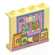 Деталь LEGO Panel 1 x 4 x 3 [Side Supports / Hollow Studs] with Bright Pink/Medium Blue Message Board, Food Bags, Jar, Yarn print, Ярко-светло-желтый