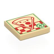 Деталь LEGO Tile 2 x 2 with Pizza Box, Red Smiling Pizza, Green Border print, Песочный