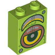 Деталь LEGO Brick 1 x 2 x 2 with Inside Stud Holder with Yellow Robot Eye, Silver/Copper Armor Plating print, Лайм