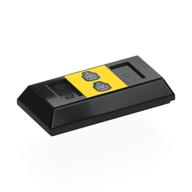 Деталь LEGO Tile Special 1 x 2 with Sloped Walls AKA Money / Gold Bar [Ingot] with Yellow Square, Silver Shapes print, Черный