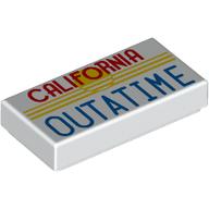 Деталь LEGO Tile 1 x 2 with Yellow Stripes, Red 'CALIFORNIA', Blue 'OUTATIME' print, Белый
