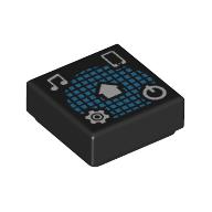 Деталь LEGO Tile 1 x 1 with Medium Blue Squared Sphere, White Music Note, Gear, On/Off Button, Phone print, Черный