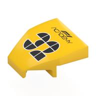Деталь LEGO Brick Wedged, Curved 2 x 2 x 2/3 with Notches 27° with Black 'F1 ACADEMY 32' print, Желтый