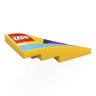 Деталь LEGO Brick Wedged, Curved 4 x 2 with Stud Notch Left with LEGO logo, Medium Azure/Black/Magenta Shapes print, Желтый