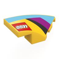 Деталь LEGO Brick Wedged, Curved 4 x 2 with Stud Notch Right with LEGO logo, Medium Azure/Black/Magenta Shapes print, Желтый