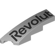 Деталь LEGO Brick Wedged, Curved 1 x 4 with Stud Notch Left with Black 'Revolut' print, Светлый сине-серый