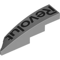 Деталь LEGO Brick Wedged, Curved 1 x 4 with Stud Notch Right with Black 'Revolut' print, Светлый сине-серый