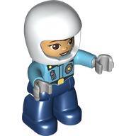 Деталь LEGO Duplo Figure with Helmet White, Dark Blue Legs, Police Shirt with Badge and Zipper, Warm Tan Face Print, Средне-лазурный