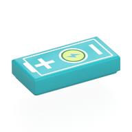 Деталь LEGO Tile 1 x 2 with Battery, +/-, Lightning Bolt on Yellowish Green Background print, Средне-лазурный