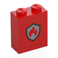Деталь LEGO Brick 1 x 2 x 2 with Inside Stud Holder with Black/Silver Firefighter Badge print, Красный