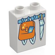 Деталь LEGO Duplo Brick 1 x 2 x 2 with Bottom Tube, Hooks with Bag and Unbrella Print, Белый