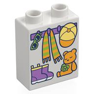 Деталь LEGO Duplo Brick 1 x 2 x 2 with Bottom Tube, Hooks with Scarf and Hat, Shoes, and Teddy Bear Print, Белый