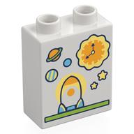 Деталь LEGO Duplo Brick 1 x 2 x 2 with Bottom Tube, Rocket Ship, Sun, Planets Print, Белый