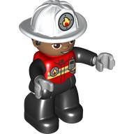 Деталь LEGO Duplo Figure with Helmet, Black Legs, Jacket with Bright Light Yellow Safety Stripes, Fire Badge, and Radio Print (Firefighter), Красный