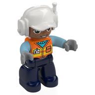 Деталь LEGO Duplo Figure with Headset and Cap White, Dark Blue Legs, Safety Vest Print, Оранжевый