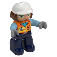 Деталь LEGO Duplo Figure with Construction Helmet White and Reddish Brown Hair, Dark Blue Legs, Safety Vest Print, Оранжевый